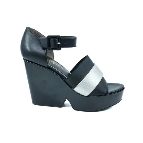 Robert Clergerie Black and Silver Wedge Sandals - Picture 1 of 16